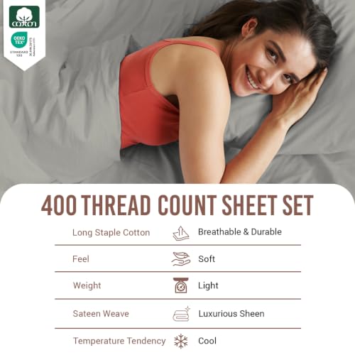 100% Cotton Sheets Set Queen with 4 Cases 400 Thread Count Silver