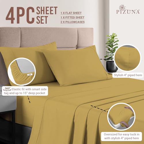 100% Cotton Sheets Set Queen 400 Thread Count Mustard Gold