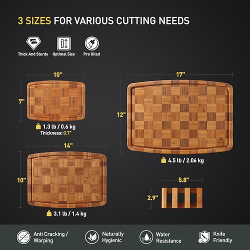 3 Pack Bamboo Cutting Board Set Non Toxic Wooden Cutting Board for Kitchen Non Slip Solid End Grain Thick Wood Juice Groove Chopping Board Edge Grain Teak Smart Marble Flexible Round Stone Metal (3 Count)