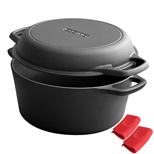 2-in-1 Pre-Seasoned Cast Iron Dutch Oven Pot with Skillet Lid Cooking Pan, Cast Iron Skillet Cookware Pan Set with Dual Handles Indoor Outdoor for Bread, Frying, Baking, Camping, 7QT