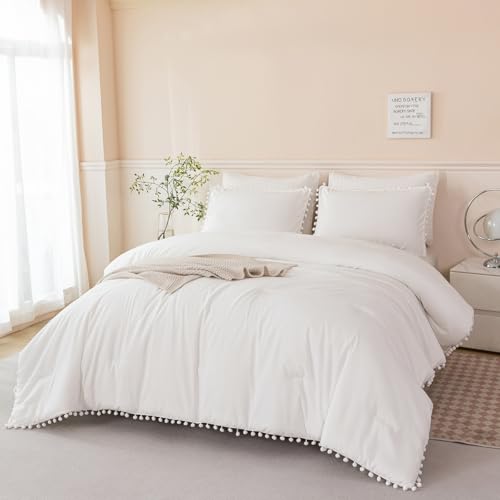 5 Pcs Ivory Comforter Sets Full Size Pom Pom Fringe Solid Bedding Set with Sheets Soft Lightweight White Kids Bed in A Bag for Girls Boys