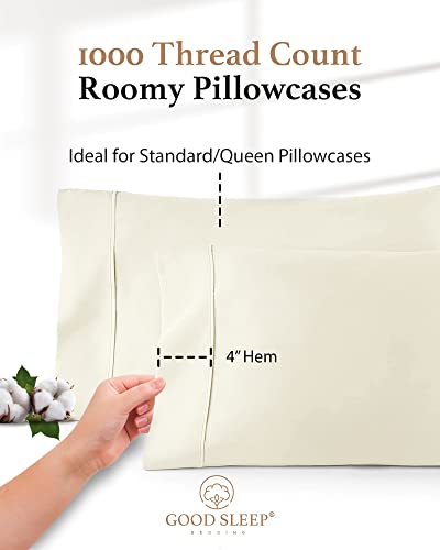 1000 TC Ivory Standard Pillowcases Set of 4 100% Egyptian Cotton Pillow Cases with Long Staple Cotton & Sateen Weave (4 Count)