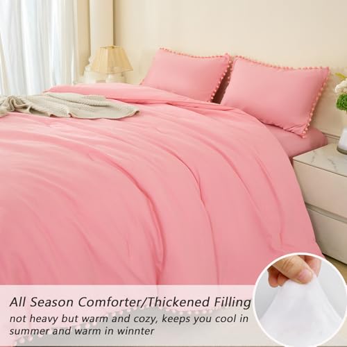 Full Size Bed in A Bag Coral Pink 5 Pieces Pom Pom Comforter Set with Sheets for Girls Kids Teens Soft All Season Fluffy Boho Bedding Set for Bedroom