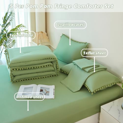 Green Bedding Set Full Size 5 Pieces Boho Pom Pom Fringe Bed in A Bag for Girls Kids Soft Lightweight All Season Solid Comforter Set for Bedroom