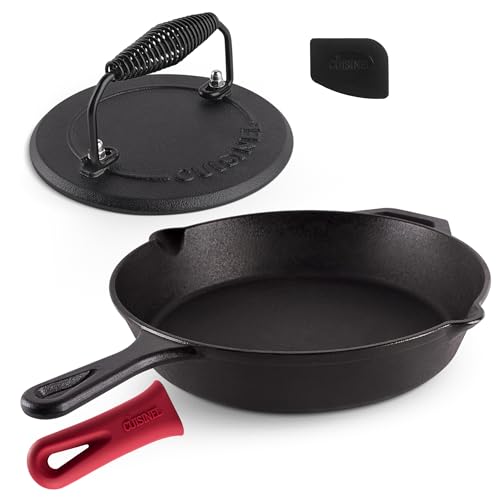 Cast Iron Skillet + Grill Press + Scraper Set (4 Count)