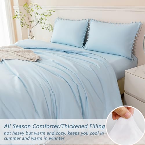5 Pieces Full Bed in A Bag Light Blue Pom Pom Bedding Set for Girls Boys Soft Fluffy Boho Solid Bedding Comforter Set with Sheets