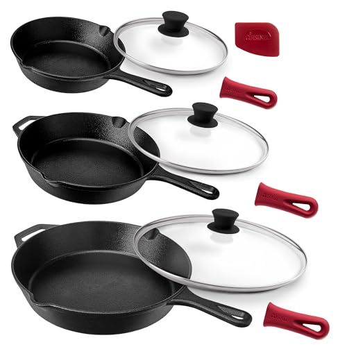 Cast Iron Skillets Set + Glass Lids