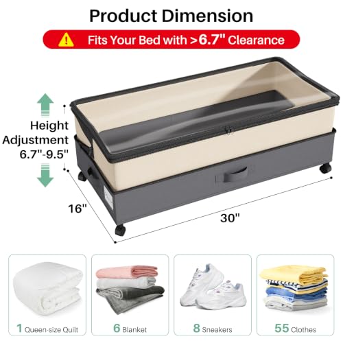 2Pack Height adjustable Under Bed Storage with Wheels (2 Count)