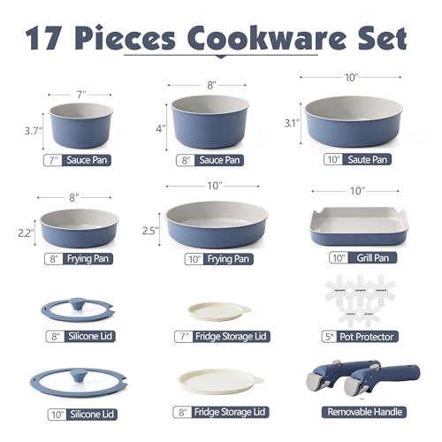 17 Piece Ceramic Detachable Handle Pots and Pans Set Navy