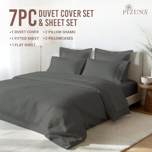Cotton Queen Duvet Cover + Sheet Set 400 Thread Count Dark Grey
