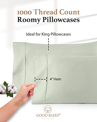 1000 TC Sage King Pillowcases Set of 4 100% Egyptian Cotton Pillow Cases with Long Staple Cotton & Sateen Weave (4 Count)