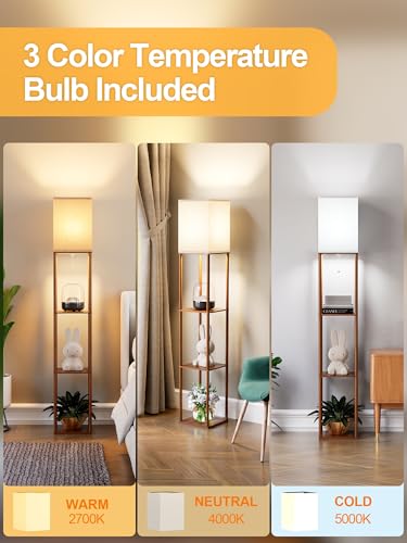 Floor Lamp with Shelves for Living Room Walnut Brown