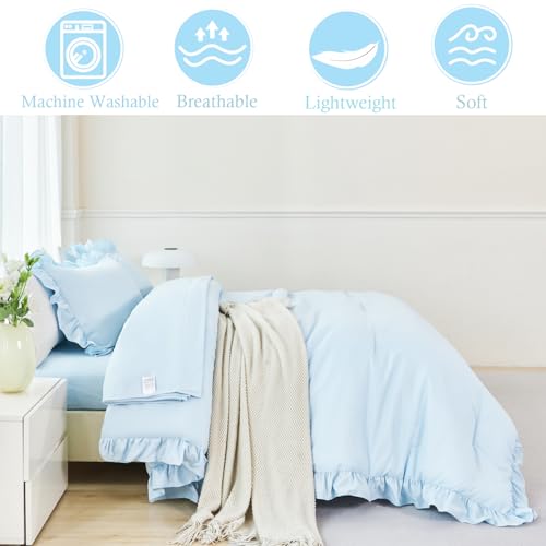 5 Pieces Light Blue Full Bed in A Bag for Kids Girls Ruffle Bedding Sets Boho Comforter Set Vintage Farmhouse Bedding Comforter Sets with Sheets