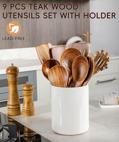 Wooden Cooking Utensils Set with Ceramic Holder (10 Count)