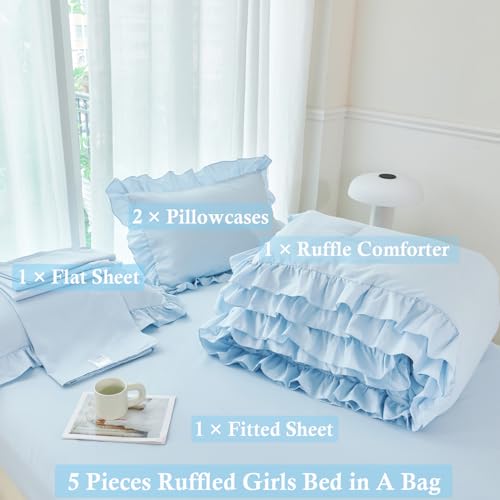 5 Pieces Light Blue Full Bed in A Bag for Kids Girls Ruffle Bedding Sets Boho Comforter Set Vintage Farmhouse Bedding Comforter Sets with Sheets