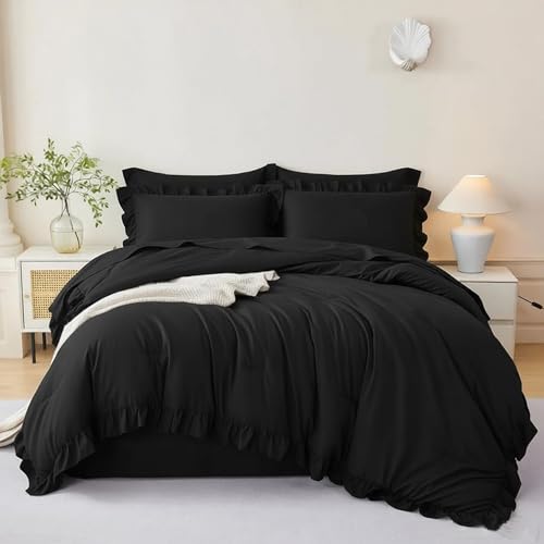 5Pcs California King Bed in A Bag Black Ruffle Bedding Sets