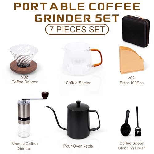 Outdoor Travel Coffee Gift Set with Goose Neck Kettle Glass Server Manual Grinder Glass Dipper 100 pcs Paper Filter and Scope for Drip