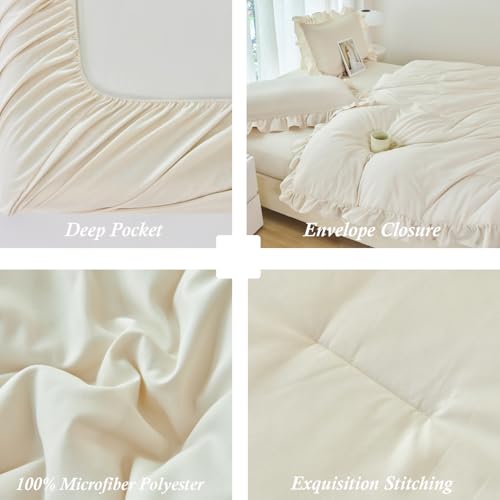 5 Pieces Camel Twin Size Comforter Set for Kids Girls Ruffled Bedding Set Boho Farmhouse Bed Sets Shabby Fluffy Elegance Bed in A Bag with Sheets