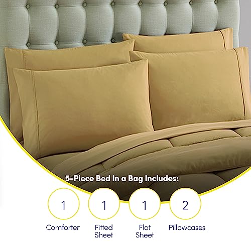 5 Piece Comforter Set Bag Solid Color All Season Soft Down Alternative Blanket & Luxurious Microfiber Bed Sheets