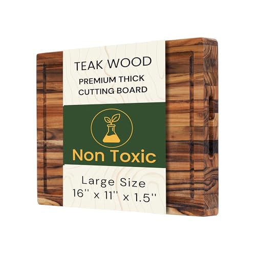 Large Teak Cutting Board 16" x 11" x 1.5" Thick Edge Grain Butcher Block for Meat & Kitchen Prep with Juice Groove and Handle
