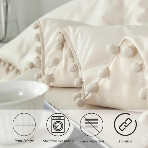 Girls Comforter Set Twin Size Beige Cream 5 Pieces Boho Pom Pom Bed in A Bag with Sheets Ultra Soft Lightweight Fluffy Beige Solid Bedding Set Matching 2 Pillowcases