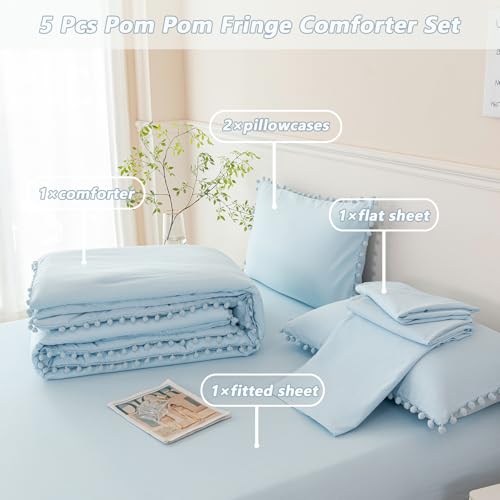5 Pieces Twin Bedding Sets Light Blue Pom Pom Comforter Set for Girls Boys Soft Fluffy Solid Boho Bed in A Bag with Comforter and Sheets