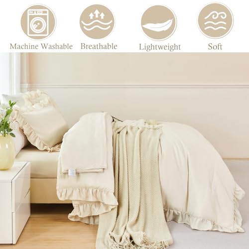 5 Pieces Camel Twin Size Comforter Set for Kids Girls Ruffled Bedding Set Boho Farmhouse Bed Sets Shabby Fluffy Elegance Bed in A Bag with Sheets