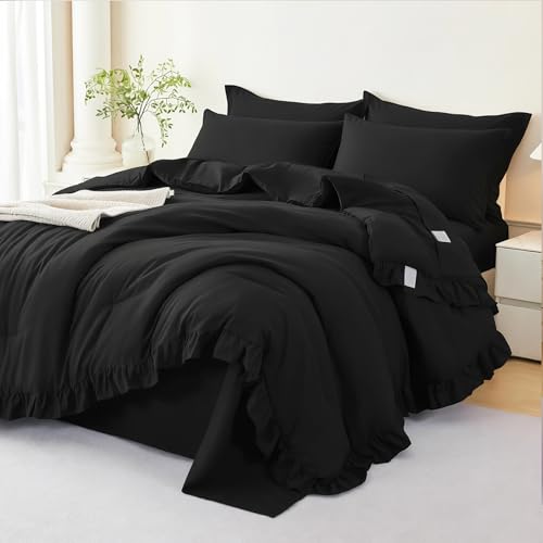 Black King Size Comforter Set 5Pcs Ruffle Bed in A Bag