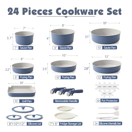 24 Piece Ceramic Detachable Handle Pots and Pans Set Navy