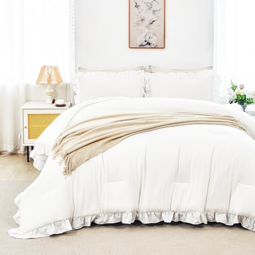 5Pcs White California King Bed in A Bag Ruffled Comforter Sets