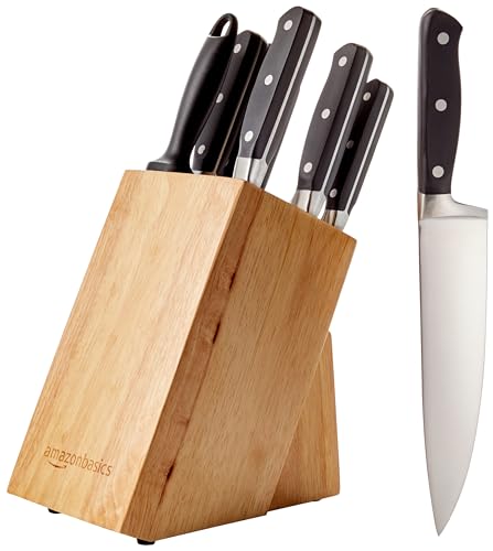 9-Piece High-Carbon Stainless Steel Kitchen Knife Set with Ergonomic Handles, Full Tang Construction, Pine Wood Block, Black (9 Count)