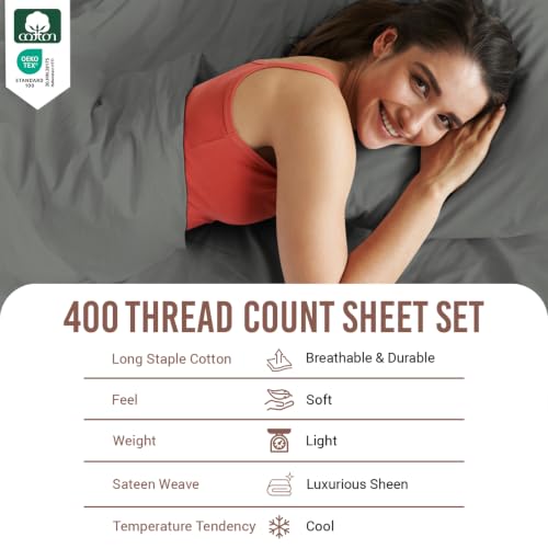 Cotton Sheets Set Queen with 4 Cases 400 Thread Count Dark Grey