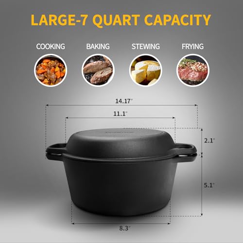 2-in-1 Pre-Seasoned Cast Iron Dutch Oven Pot with Skillet Lid Cooking Pan, Cast Iron Skillet Cookware Pan Set with Dual Handles Indoor Outdoor for Bread, Frying, Baking, Camping, 7QT