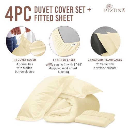 100% Cotton King Duvet Cover Set + Fitted Sheet 400TC New Ivory
