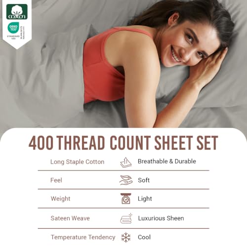 Cotton Sheets Set Queen with 4 Cases 400 Thread Count Ash Grey
