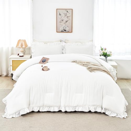 5Pcs Queen Comforter Sets White Ruffle Bedding Sets for Women Men Vintage Farmhouse Bed Sets Solid Elegance Bed in A Bag for All Season（White Queen）