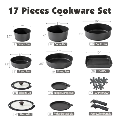 17 Piece Nonstick Detachable Handle Pots and Pans Set Black