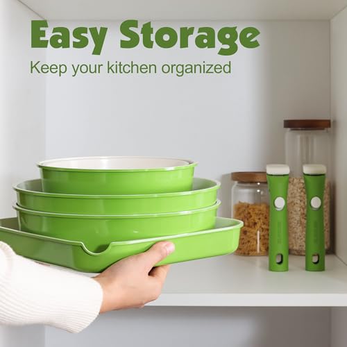 17 Piece Ceramic Detachable Handle Pots and Pans Set Green
