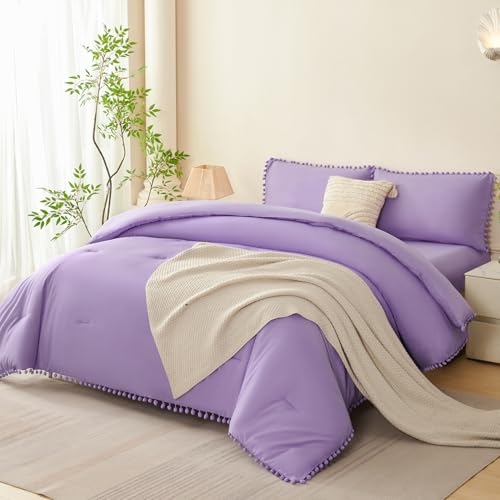 5 Pieces Queen Bed in a Bag Light Purple Pom Pom Comforter Sets Cozy Fluffy Boho Bedding Set for Girls Soft Microfiber Solid Bedding Comforter Set with Sheets
