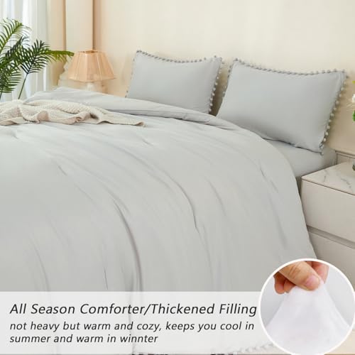5 Pieces Light Grey Bed in A Bag Queen Set Boho Pom Pom Bedding Set for Boys Girls Ultra Soft Fluffy Solid Bed in A Bag with Comforter and Sheets for All Season Use