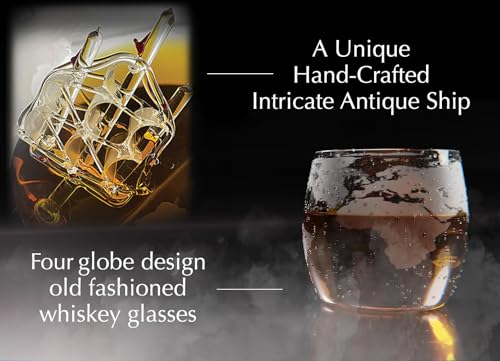 Whiskey Decanter Globe Set with 4 Etched Globe Whisky Glasses Gifts For Men Dad