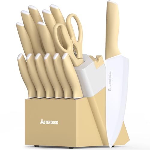 Kitchen Knife Set with Block and Sharpener 15 Piece Knives Set German High Carbon Stainless Steel Knives Sharp Blade Dishwasher Safe Deba Knives with Ergonomic Handle (15 Count)