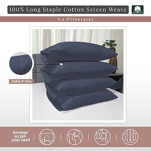 100% Cotton 4PC Queen Size Pillowcases 400 Thread Count Dark Blue (2 Count)
