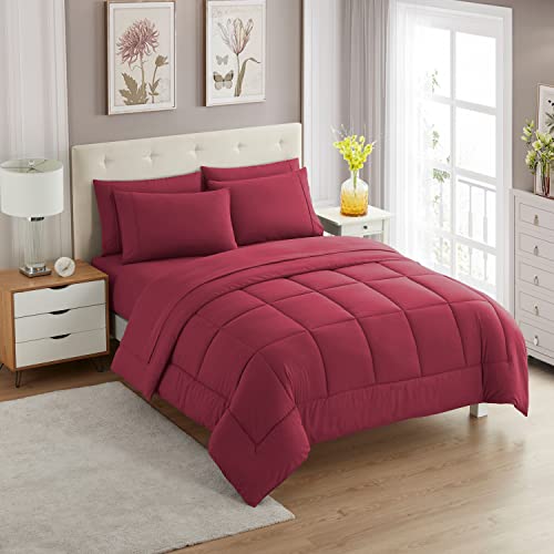 7 Piece Comforter Set Bag Solid Color All Season Soft Down Alternative Blanket & Luxurious Microfiber Bed Sheets (7 Count)