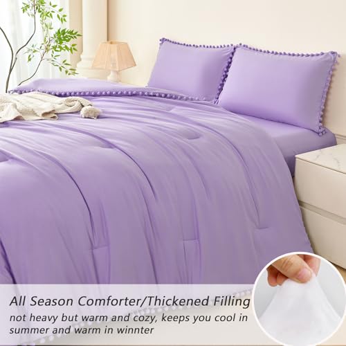 5 Pieces Queen Bed in a Bag Light Purple Pom Pom Comforter Sets Cozy Fluffy Boho Bedding Set for Girls Soft Microfiber Solid Bedding Comforter Set with Sheets
