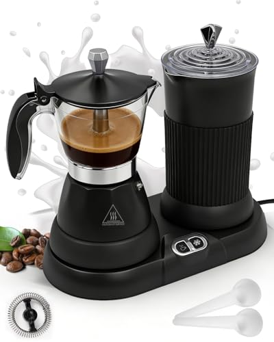 2-in-1 Milk Frother Electric Foam Maker and Moka Coffee Maker Espresso Maker 110V Electric Base Aluminum Frother Moka Pot 5oz 150ml Frothing Easy Brewing Latte Cappuccino Home Gift Black