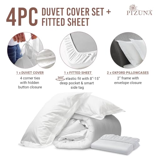 100% Cotton King Duvet Cover Set + Fitted Sheet 400TC White