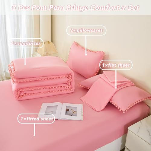 Coral Pink Comforter Set Twin Size 5 Pieces Pom Pom Fringe Solid Bedding Set for Girls Kids Bedroom Soft Fluffy Down Alternative Boho Bed in a Bag with Sheets