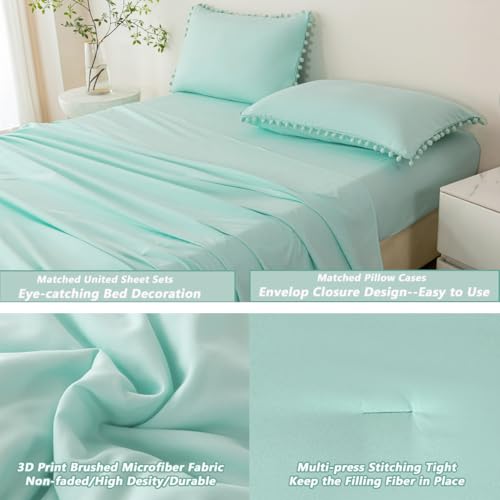 Mint Green Comforter Twin Size 5 Piece Bed in A Bag Set Boho Pom Pom Girls Bedding Comforter Set Soft Fluffy Kids Solid Bed Set with Sheet
