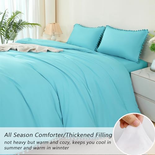 5 Pcs Twin Size Comforter Set Teal Blue Pom Pom Cute Bedding Comforters for Girls Kids Teen Soft All Season Fluffy Boho Solid Bed in A Bag with Sheet Set